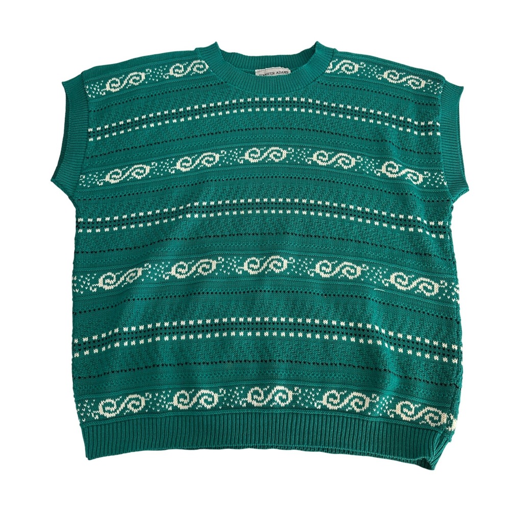Vintage 80s Jennifer Adams‎ Knit Sweater Vest Sleeveless Green White Women Large